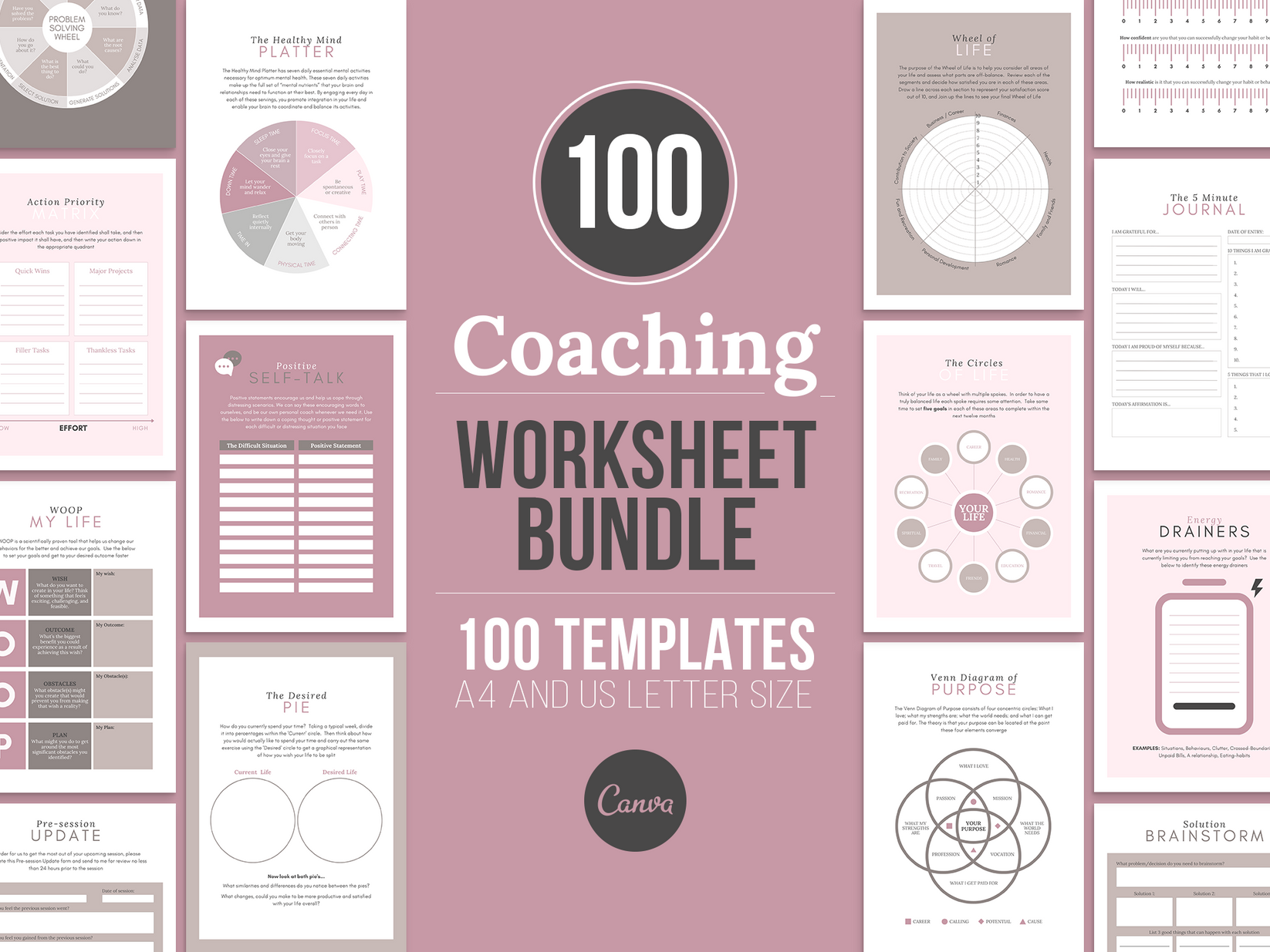 100 Life Coaching Worksheet Templates (mauve) – simplifymysocials